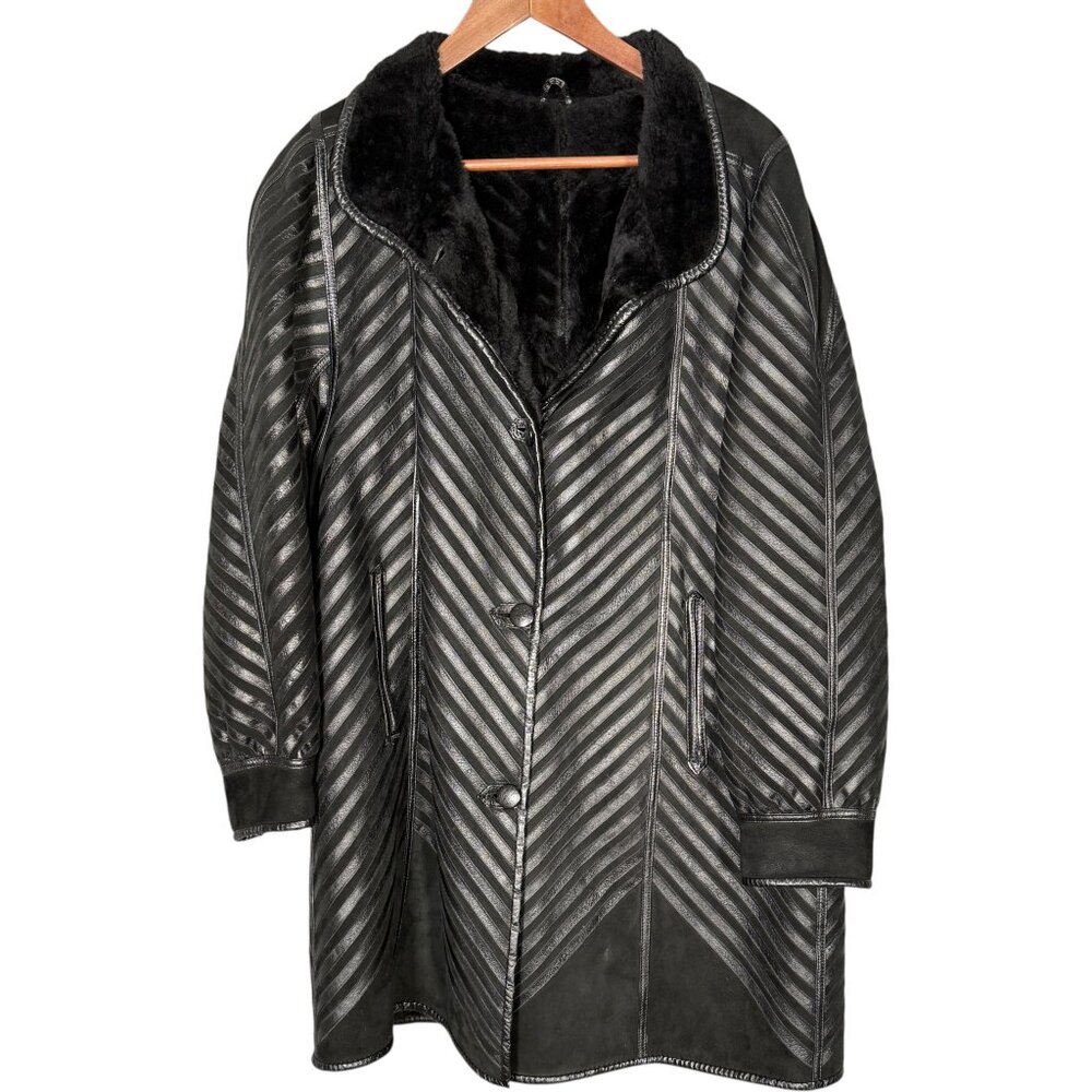 Sheepskin Shearling Coat Black Geometric Striped L